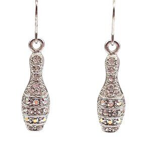 Bowling Pin Novelty Earrings Silver Tone Sparkle Pave Dangle Bowler Sporty Gift